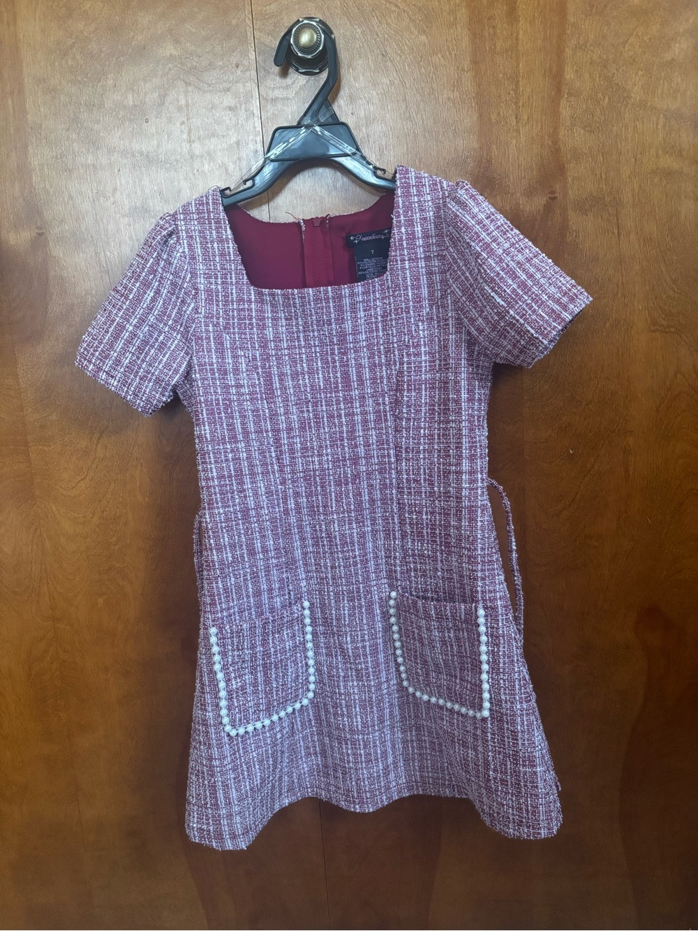 Faux-Tweed Pink Shift Dress with Pearl-Trim Pockets